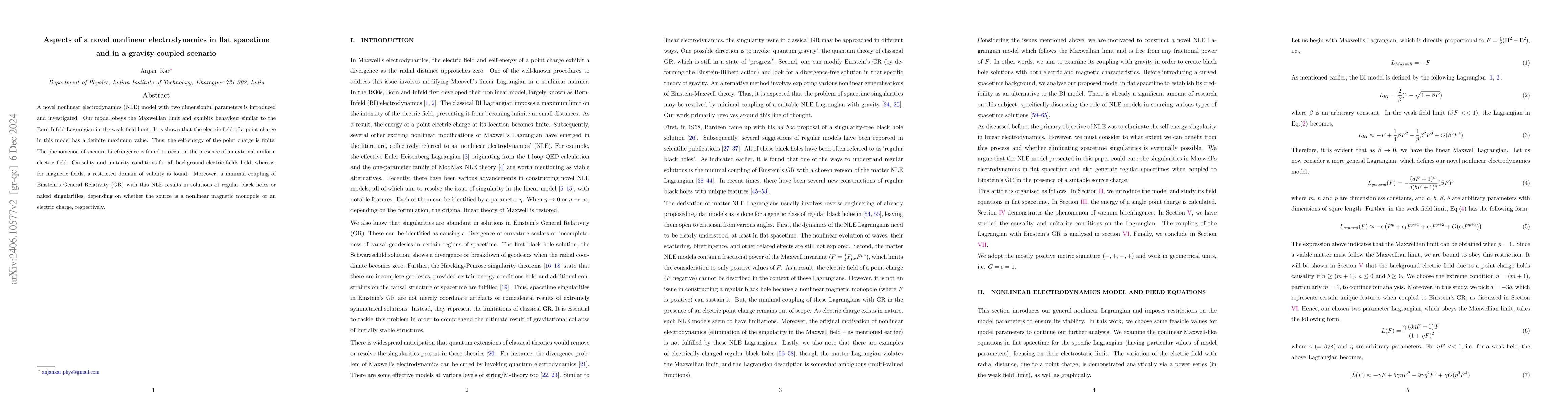 Thumbnail for Aspects of a novel nonlinear electrodynamics in flat spacetime and in a
  gravity-coupled scenario