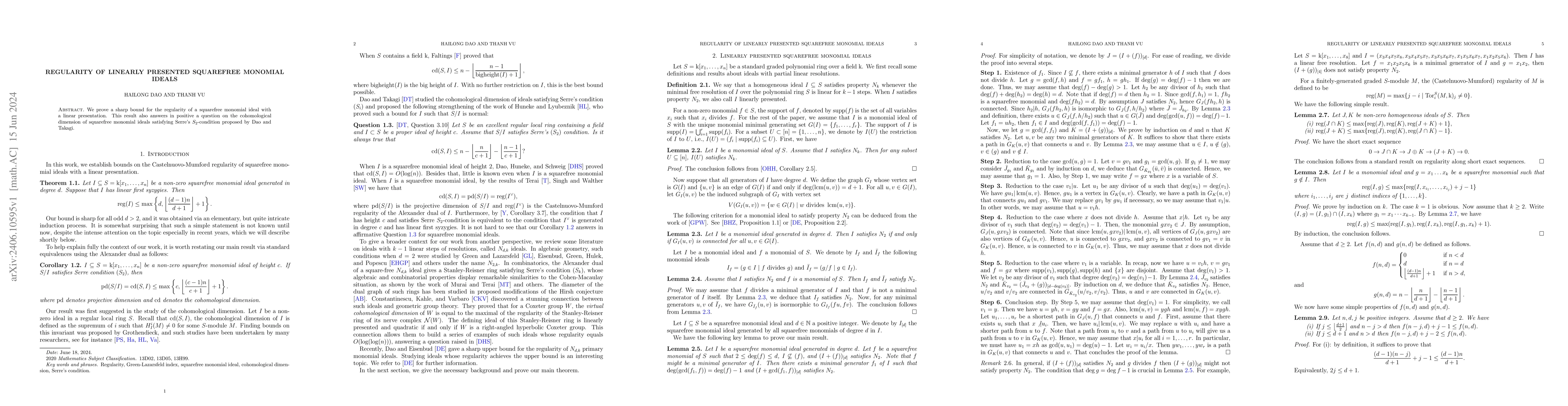 Thumbnail for Regularity of linearly presented squarefree monomial ideals