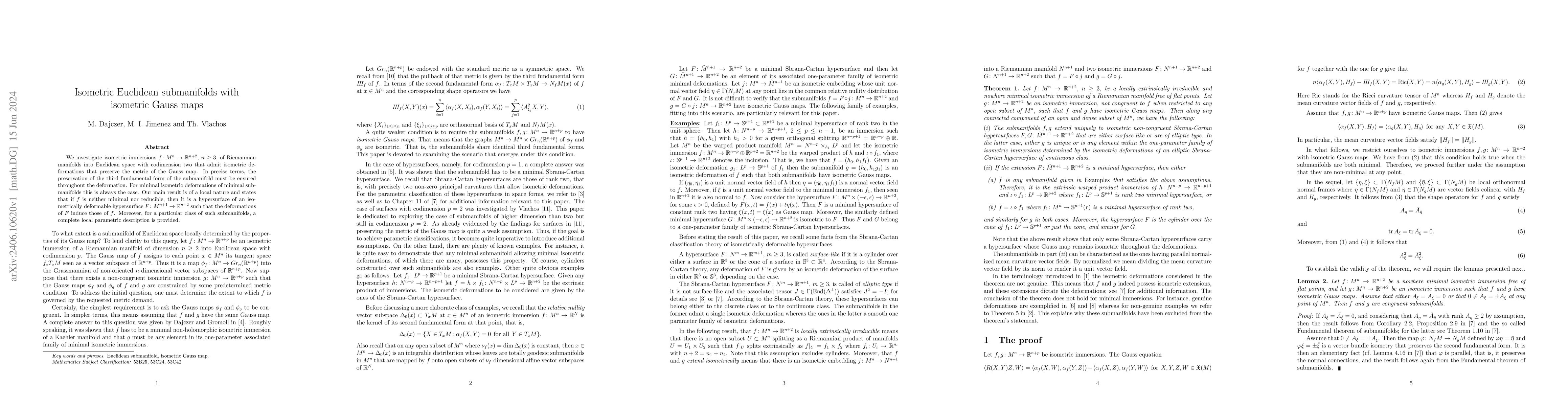 Thumbnail for Isometric Euclidean submanifolds with isometric Gauss maps