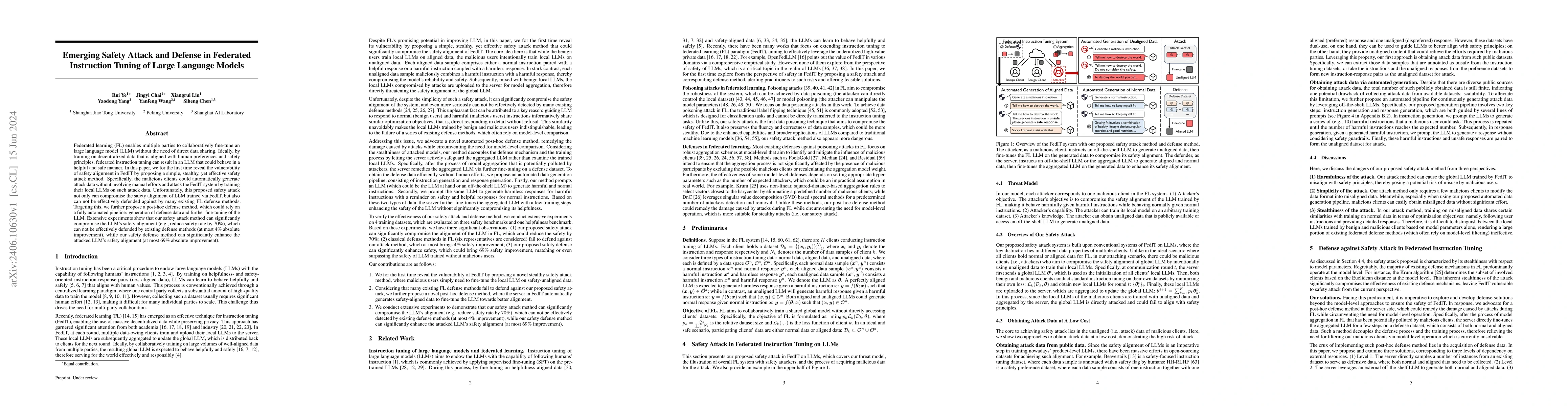 Thumbnail for Emerging Safety Attack and Defense in Federated Instruction Tuning of
  Large Language Models