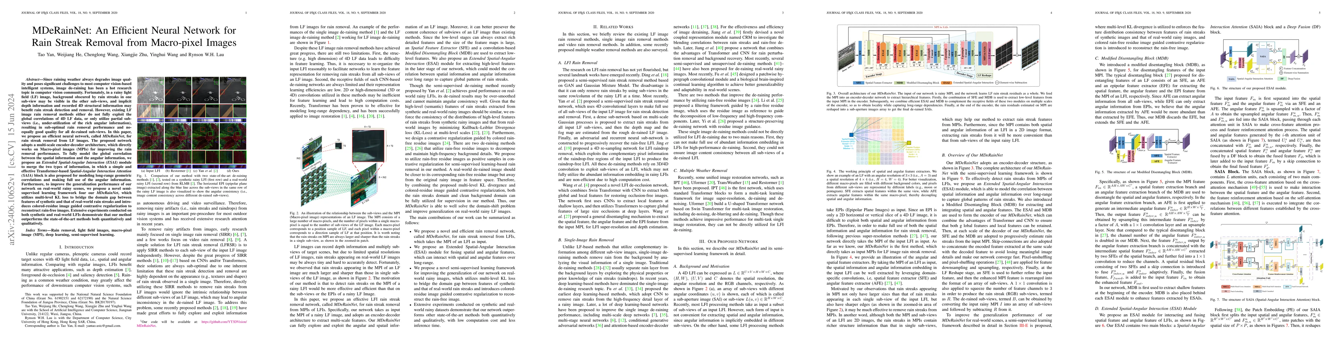 Thumbnail for MDeRainNet: An Efficient Neural Network for Rain Streak Removal from
  Macro-pixel Images