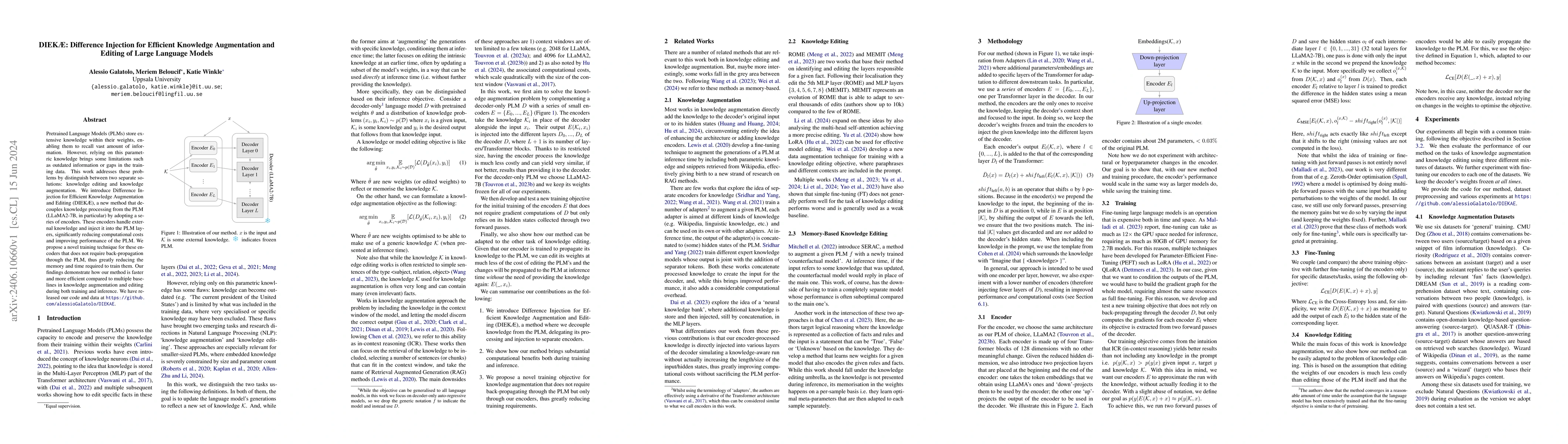 Thumbnail for DIEKAE: Difference Injection for Efficient Knowledge Augmentation and
  Editing of Large Language Models