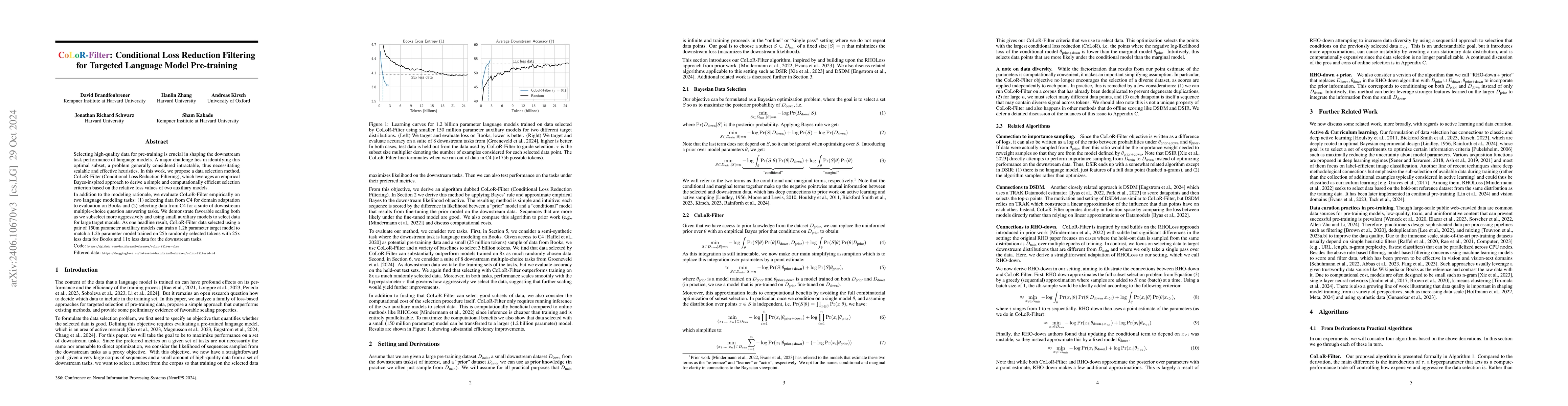Thumbnail for CoLoR-Filter: Conditional Loss Reduction Filtering for Targeted Language
  Model Pre-training