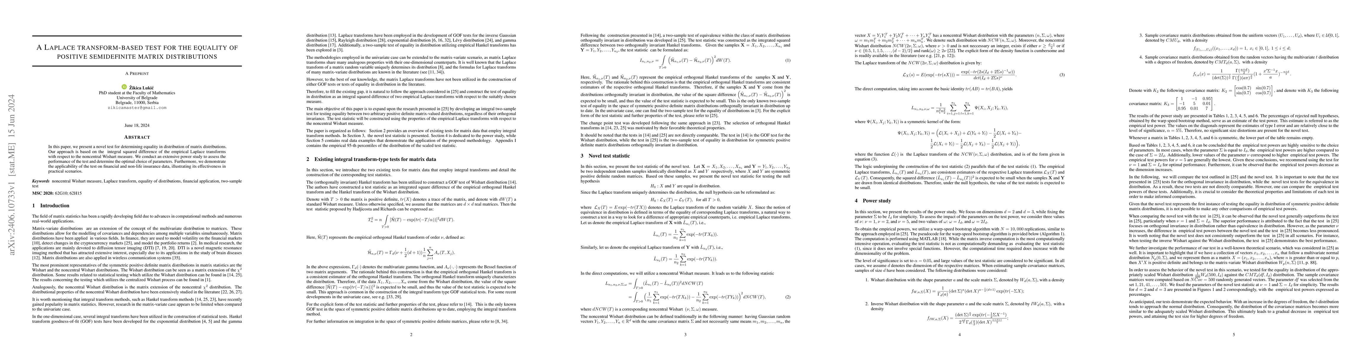 Thumbnail for A Laplace transform-based test for the equality of positive semidefinite
  matrix distributions