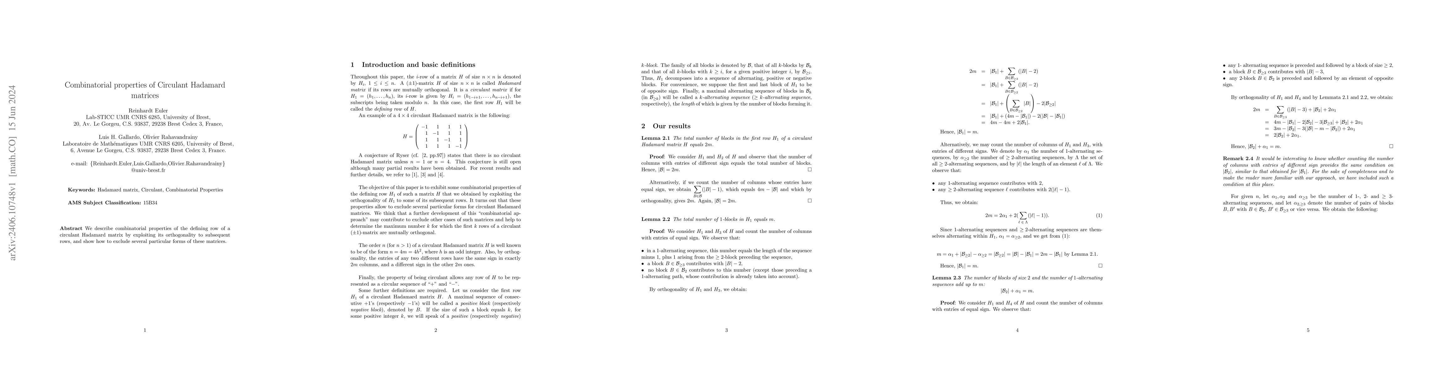 Thumbnail for Combinatorial properties of Circulant Hadamard matrices