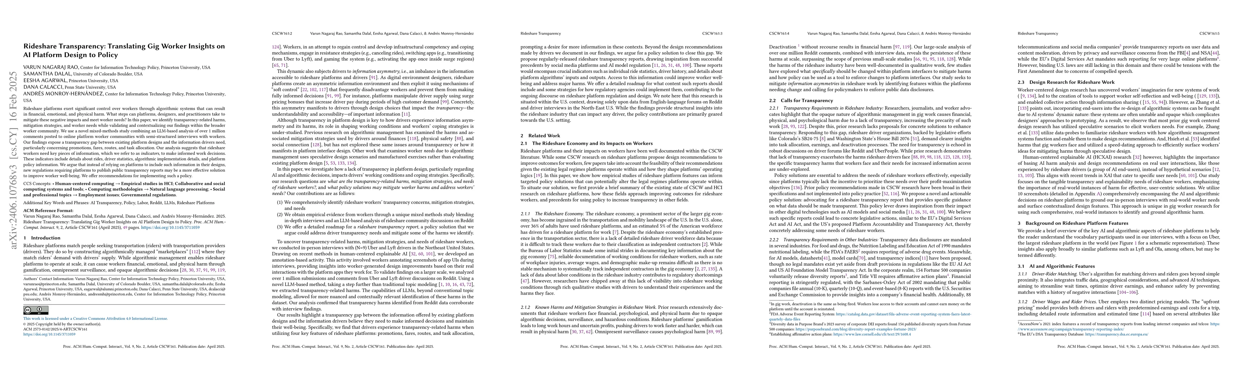 Thumbnail for Rideshare Transparency: Translating Gig Worker Insights on AI Platform
  Design to Policy