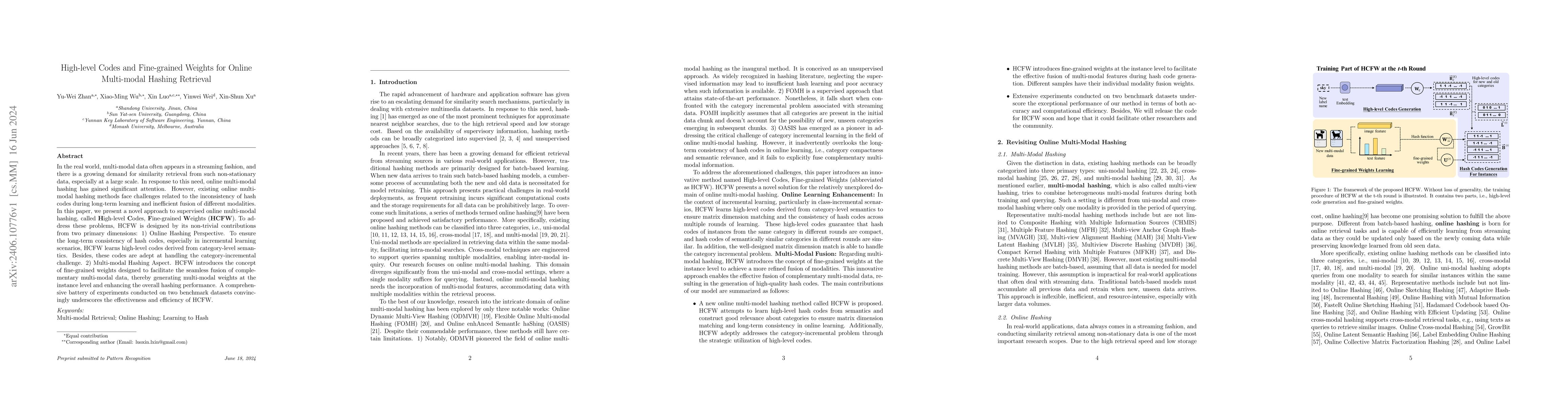 Thumbnail for High-level Codes and Fine-grained Weights for Online Multi-modal Hashing
  Retrieval