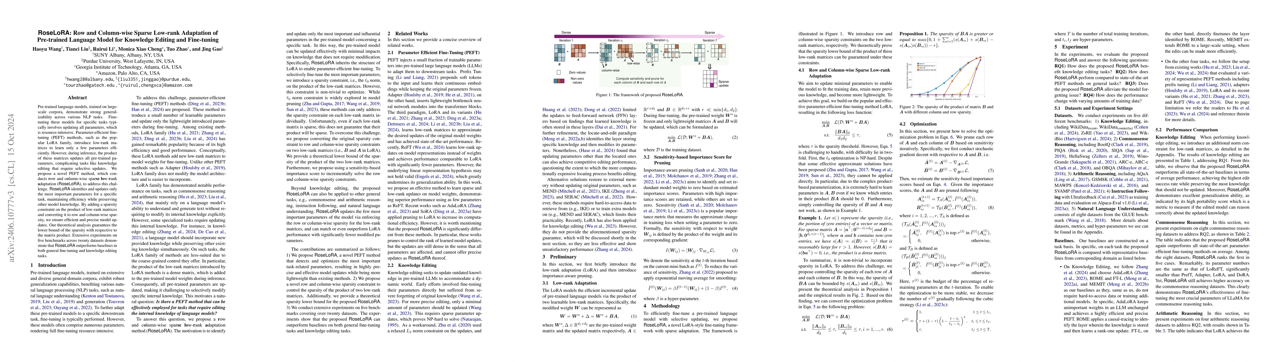Thumbnail for RoseLoRA: Row and Column-wise Sparse Low-rank Adaptation of Pre-trained
  Language Model for Knowledge Editing and Fine-tuning