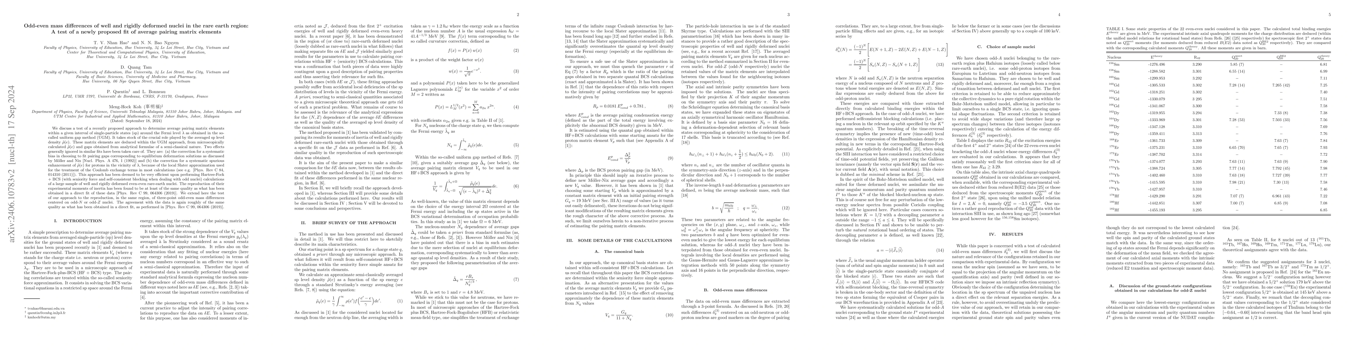 Thumbnail for Odd-even mass differences of well and rigidly deformed nuclei in the
  rare earth region: A test of a newly proposed fit of pairing matrix elements