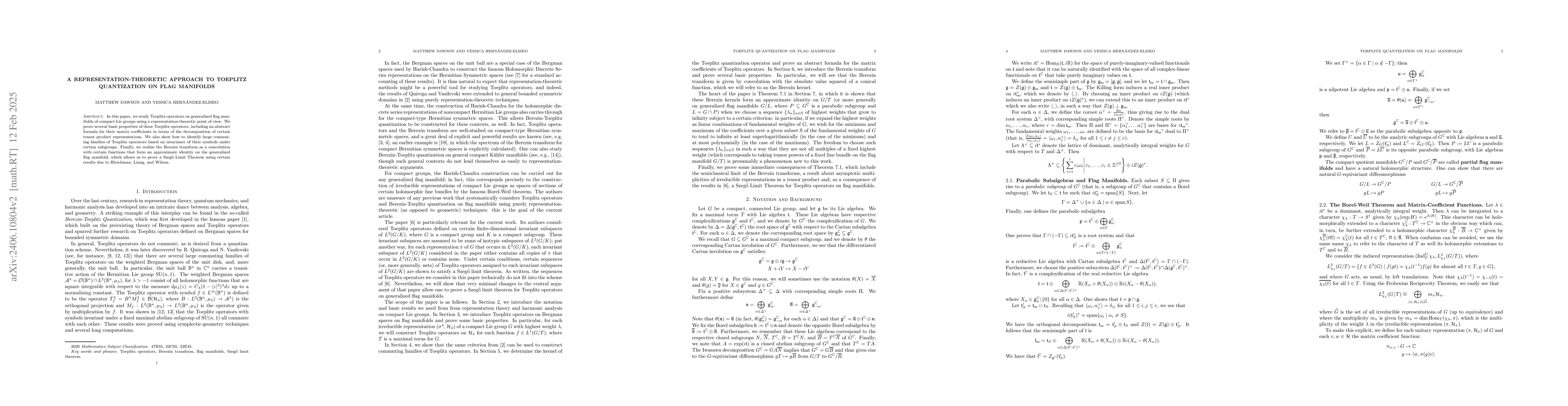 Thumbnail for A Representation Theoretic Approach to Toeplitz Quantization on Flag
  Manifolds