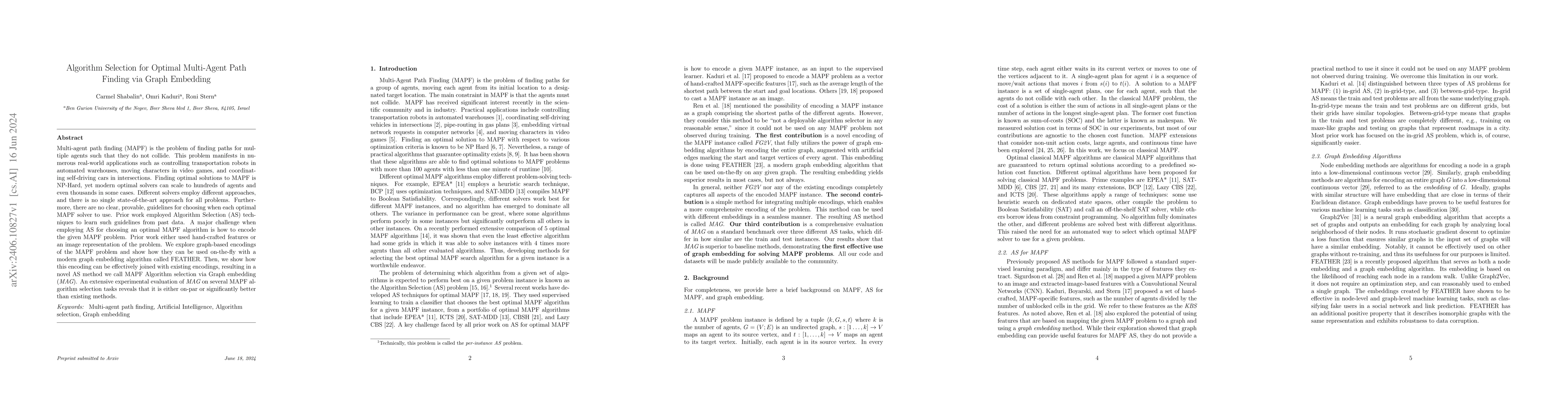 Thumbnail for Algorithm Selection for Optimal Multi-Agent Path Finding via Graph
  Embedding