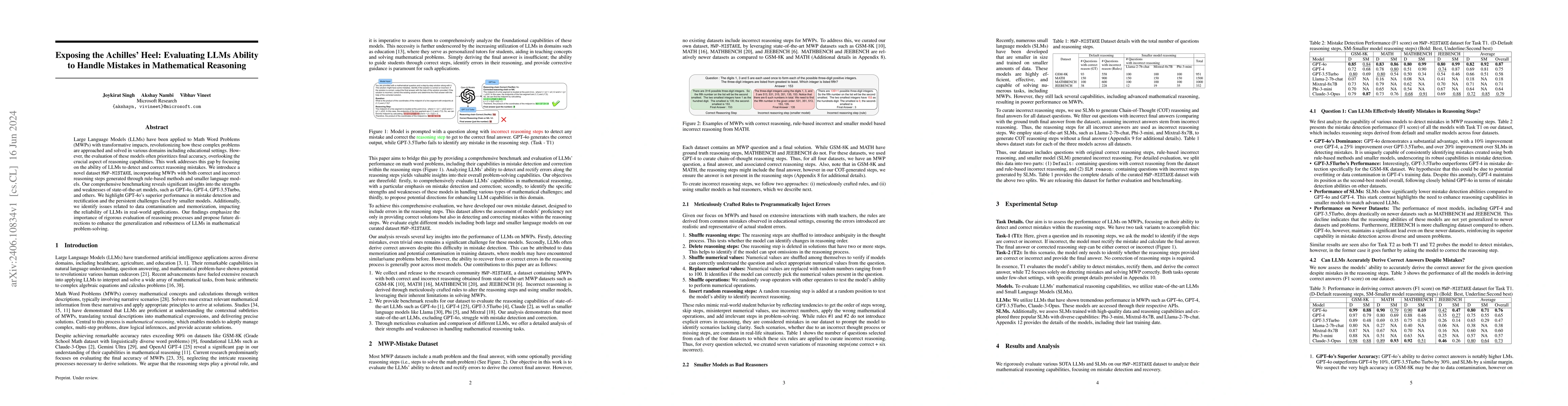 Thumbnail for Exposing the Achilles' Heel: Evaluating LLMs Ability to Handle Mistakes
  in Mathematical Reasoning