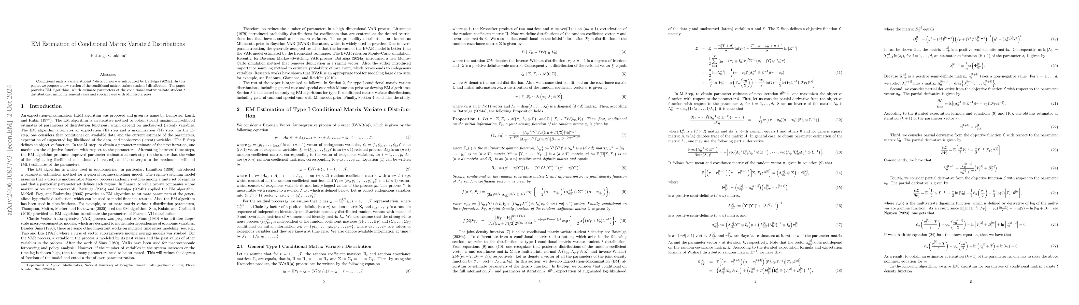 Thumbnail for EM Estimation of Conditional Matrix Variate $t$ Distributions