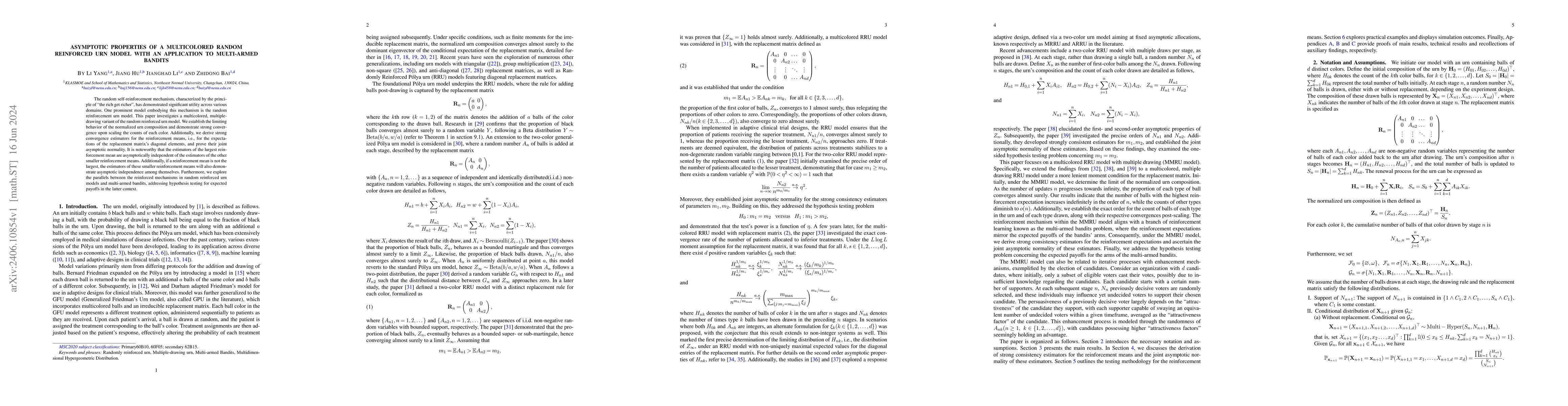Thumbnail for Asymptotic properties of a multicolored random reinforced urn model with
  an application to multi-armed bandits