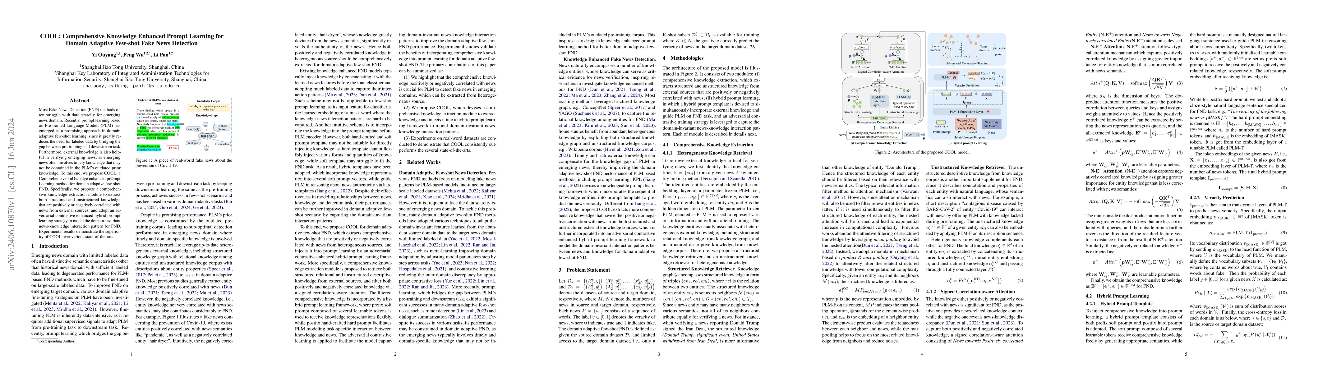 Thumbnail for COOL: Comprehensive Knowledge Enhanced Prompt Learning for Domain
  Adaptive Few-shot Fake News Detection