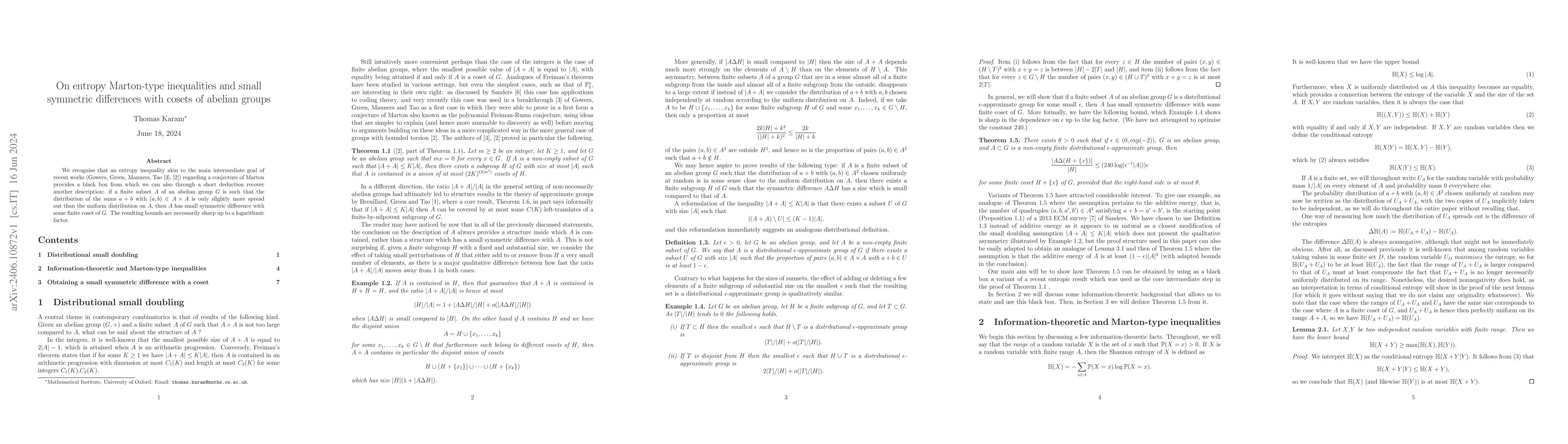 Thumbnail for On entropy Marton-type inequalities and small symmetric differences with
  cosets of abelian groups