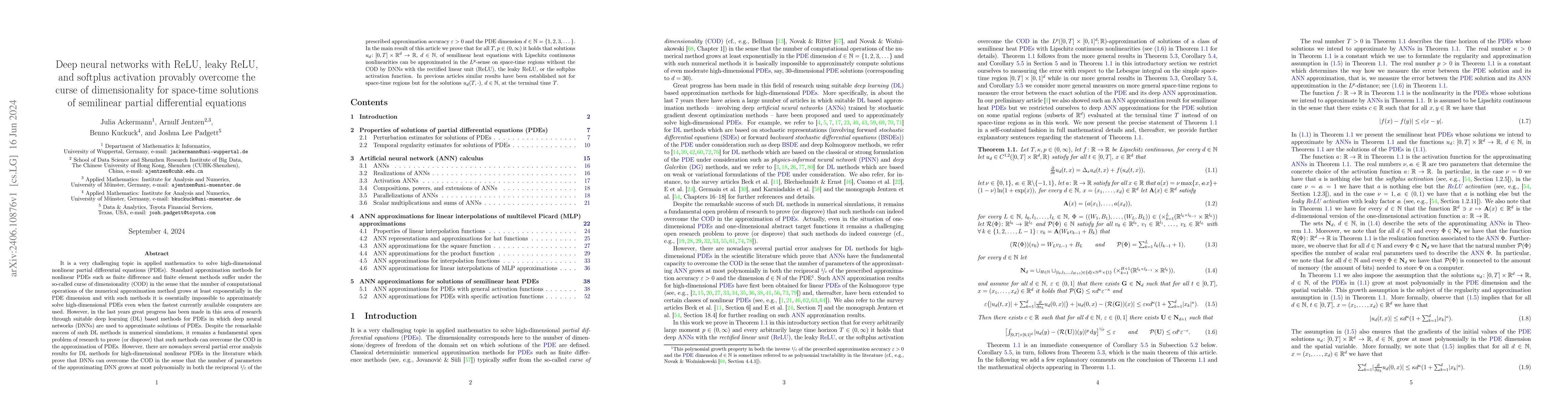 Thumbnail for Deep neural networks with ReLU, leaky ReLU, and softplus activation
  provably overcome the curse of dimensionality for space-time solutions of
  semilinear partial differential equations