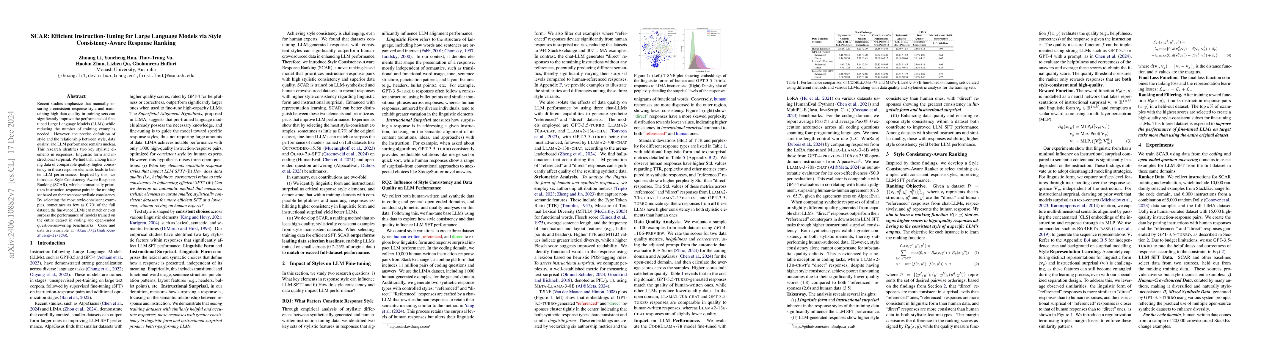Thumbnail for SCAR: Efficient Instruction-Tuning for Large Language Models via Style
  Consistency-Aware Response Ranking