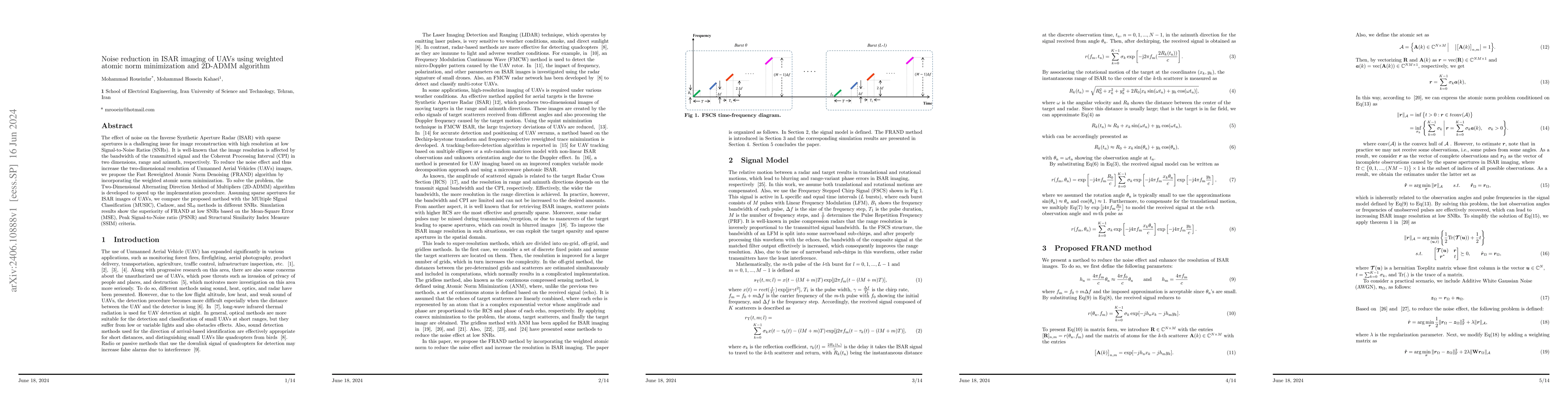 Thumbnail for Noise reduction in ISAR imaging of UAVs using weighted atomic norm
  minimization and 2D-ADMM algorithm