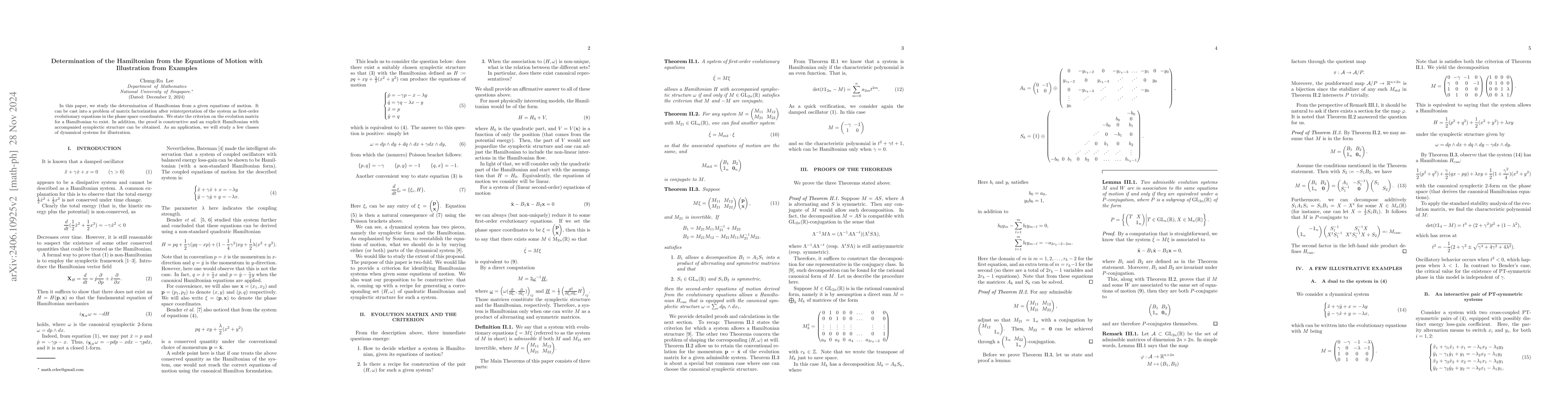 Thumbnail for Determination of the Hamiltonian from the Equations of Motion with
  Illustration from Examples