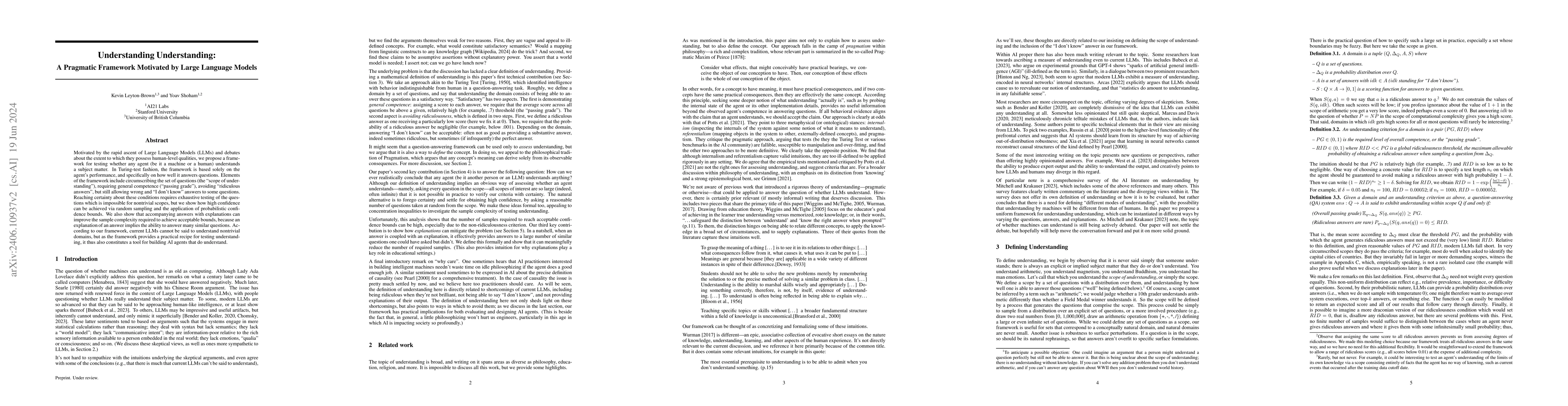 Thumbnail for Understanding Understanding: A Pragmatic Framework Motivated by Large
  Language Models
