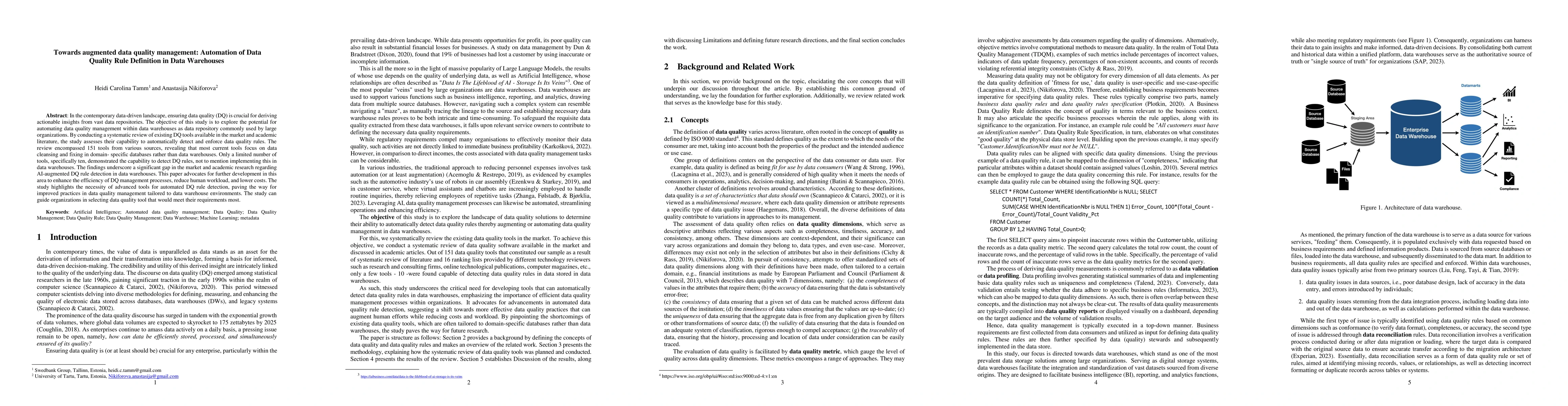 Thumbnail for Towards augmented data quality management: Automation of Data Quality
  Rule Definition in Data Warehouses