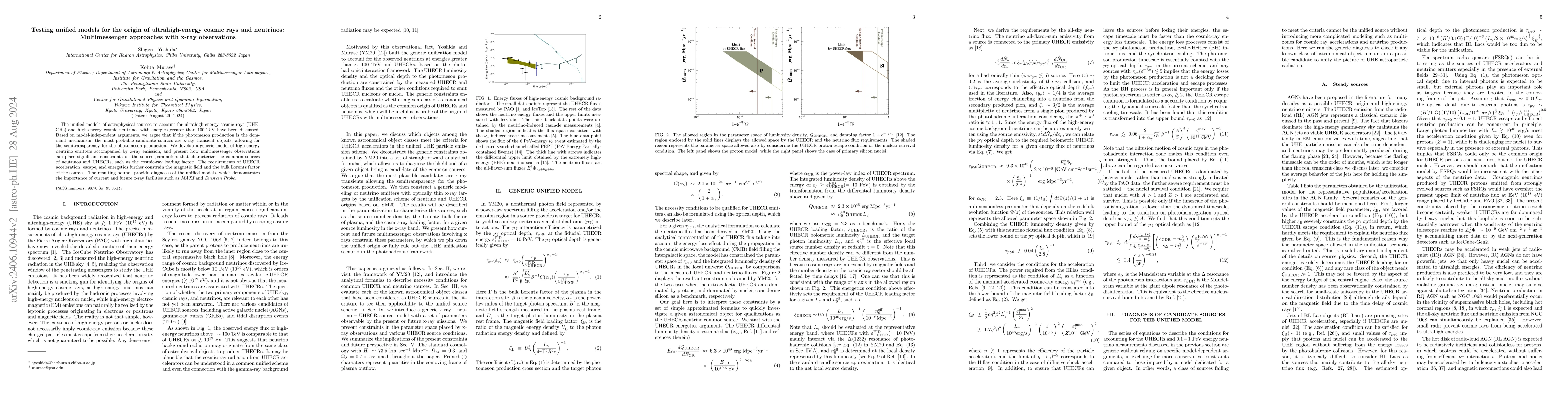 Thumbnail for Testing unified models for the origin of ultrahigh-energy cosmic rays
  and neutrinos:Multimessenger approaches with x-ray observations