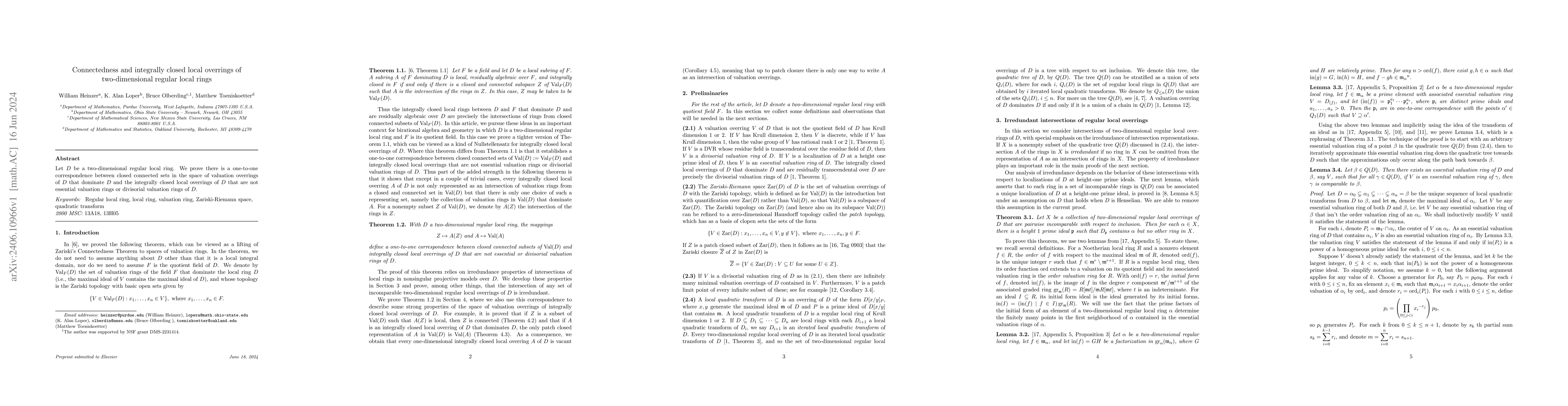 Thumbnail for Connectedness and integrally closed local overrings of two-dimensional
  regular local rings