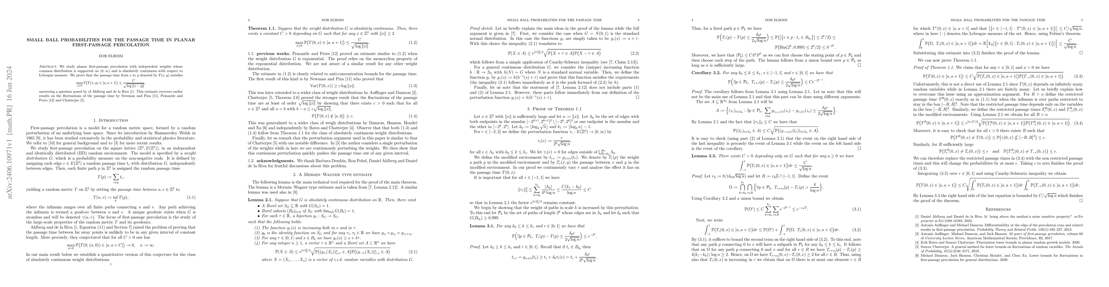 Thumbnail for Small ball probabilities for the passage time in planar first-passage
  percolation