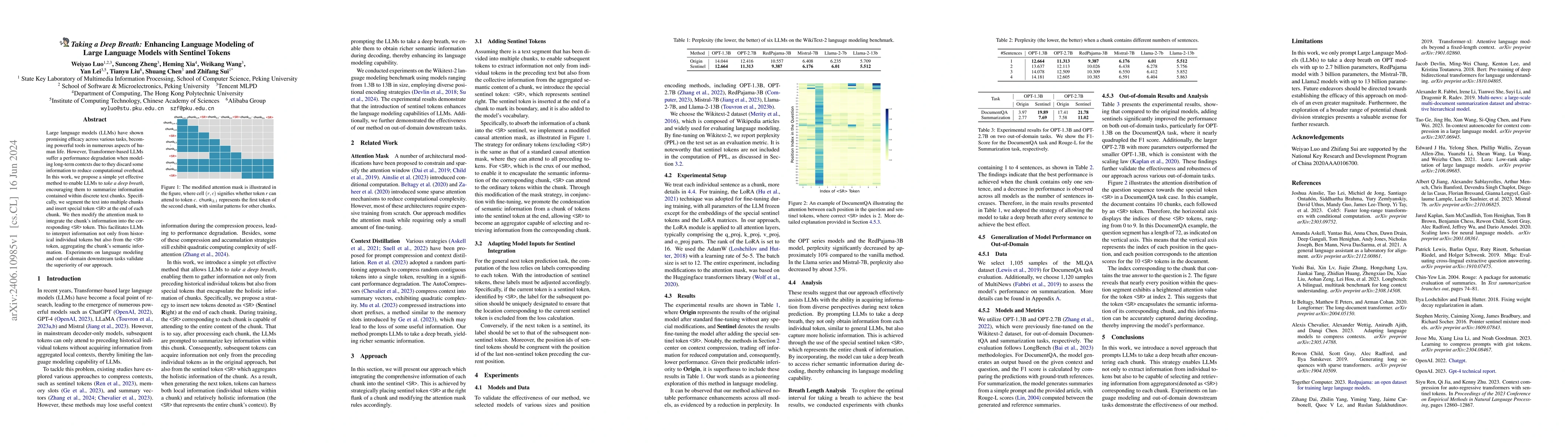 Thumbnail for Taking a Deep Breath: Enhancing Language Modeling of Large Language
  Models with Sentinel Tokens