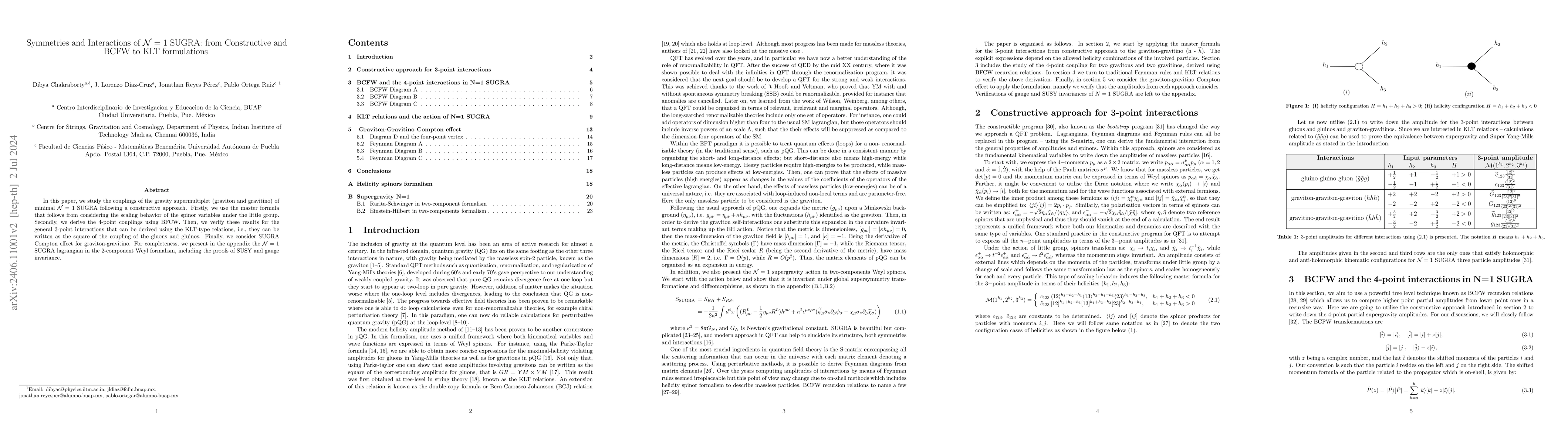 Thumbnail for Symmetries and Interactions of $\mathcal{N}=1$ SUGRA: from Constructive
  and BCFW to KLT formulations