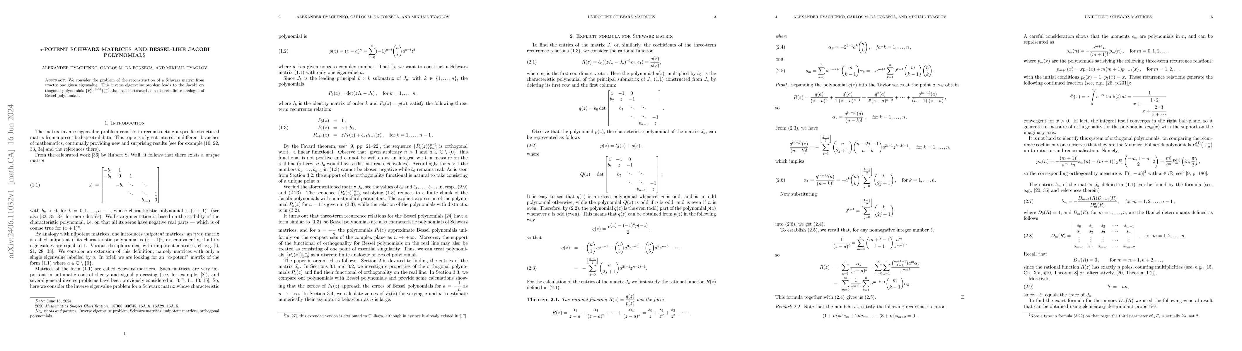 Thumbnail for $a$-potent Schwarz matrices and Bessel-like Jacobi polynomials