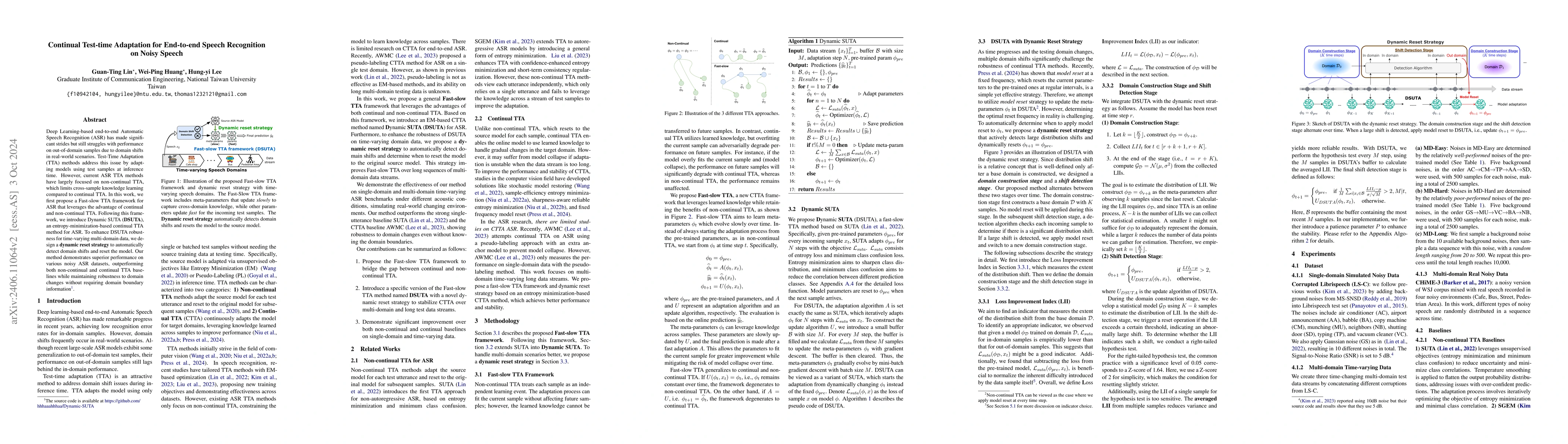 Thumbnail for Continual Test-time Adaptation for End-to-end Speech Recognition on
  Noisy Speech