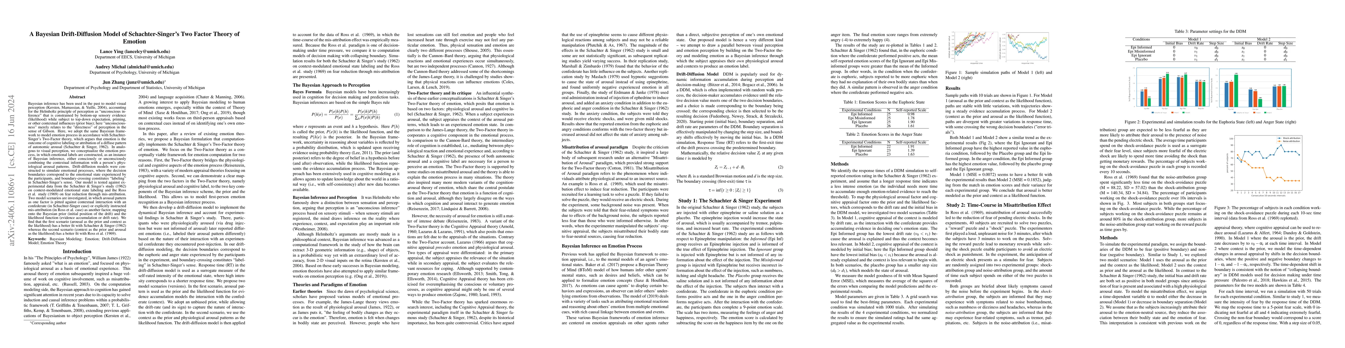 Thumbnail for A Bayesian Drift-Diffusion Model of Schachter-Singer's Two Factor Theory
  of Emotion