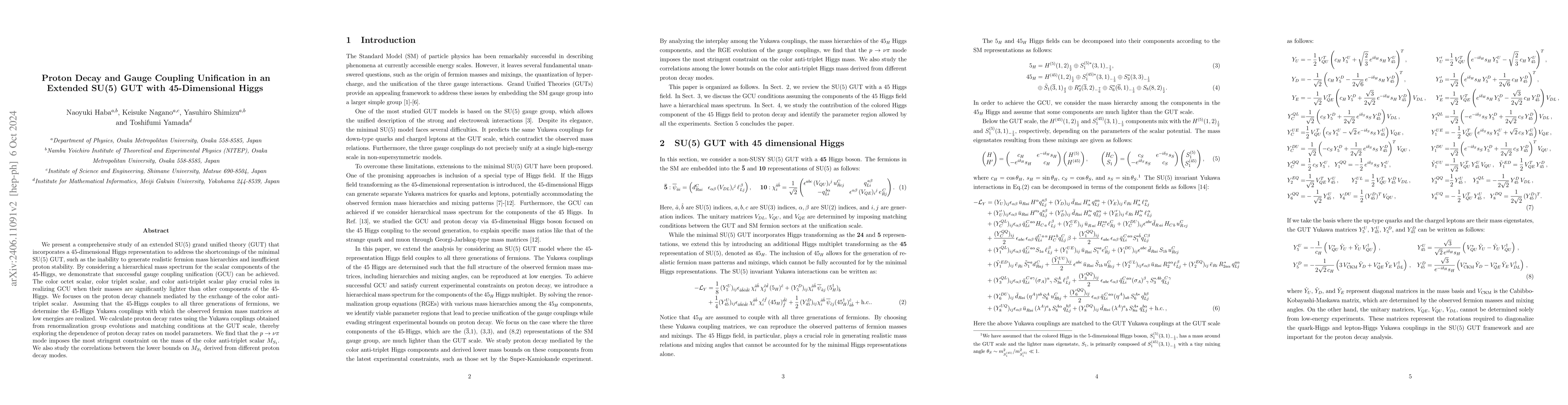 Thumbnail for Proton Decay and Gauge Coupling Unification in an Extended SU(5) GUT
  with 45-Dimensional Higgs