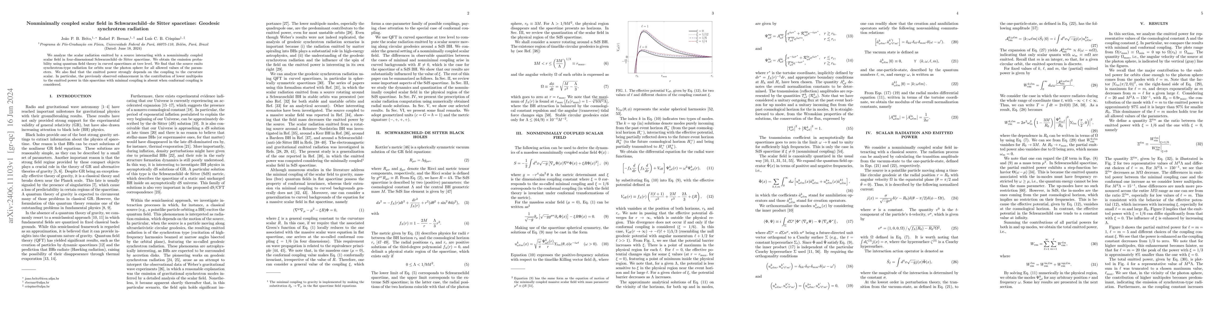 Thumbnail for Nonminimally coupled scalar field in Schwarzschild--de Sitter spacetime:
  Geodesic synchrotron radiation