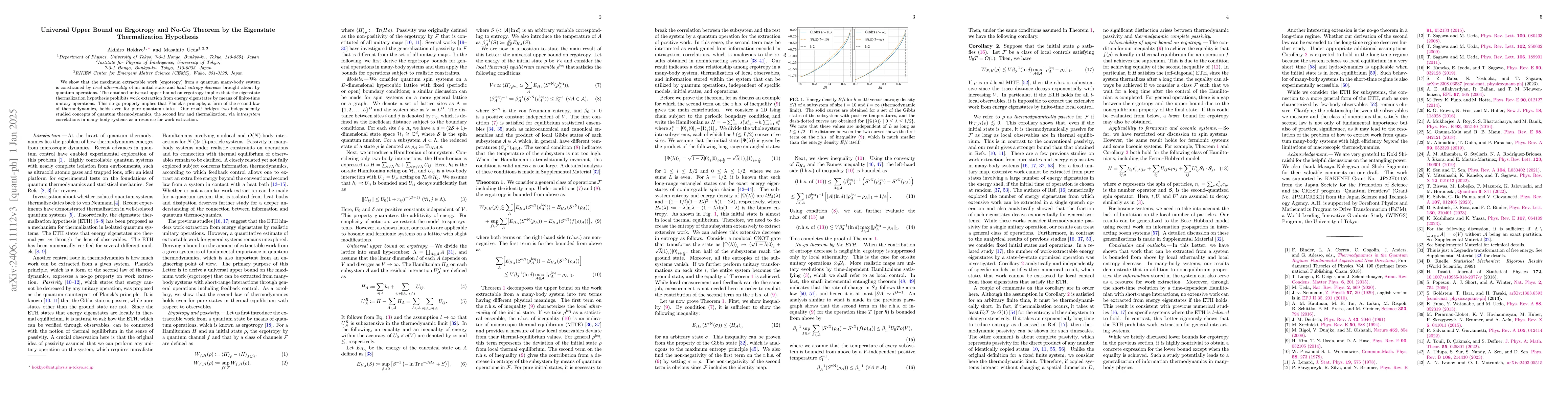Thumbnail for Universal bound on Ergotropy and No-Go Theorem by the Eigenstate
  Thermalization Hypothesis