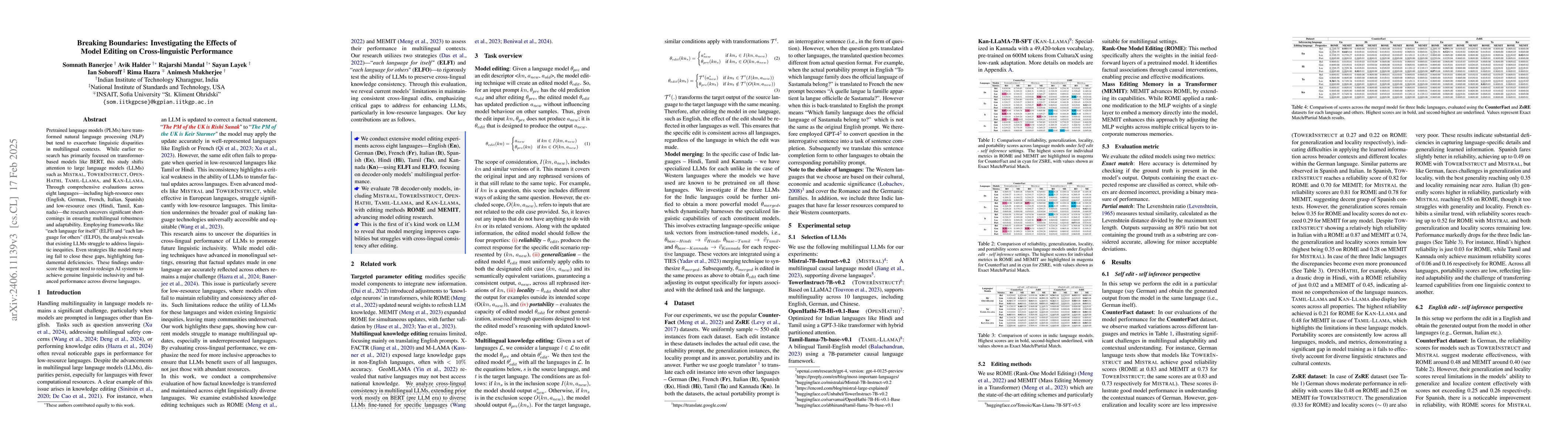 Thumbnail for Breaking Boundaries: Investigating the Effects of Model Editing on
  Cross-linguistic Performance