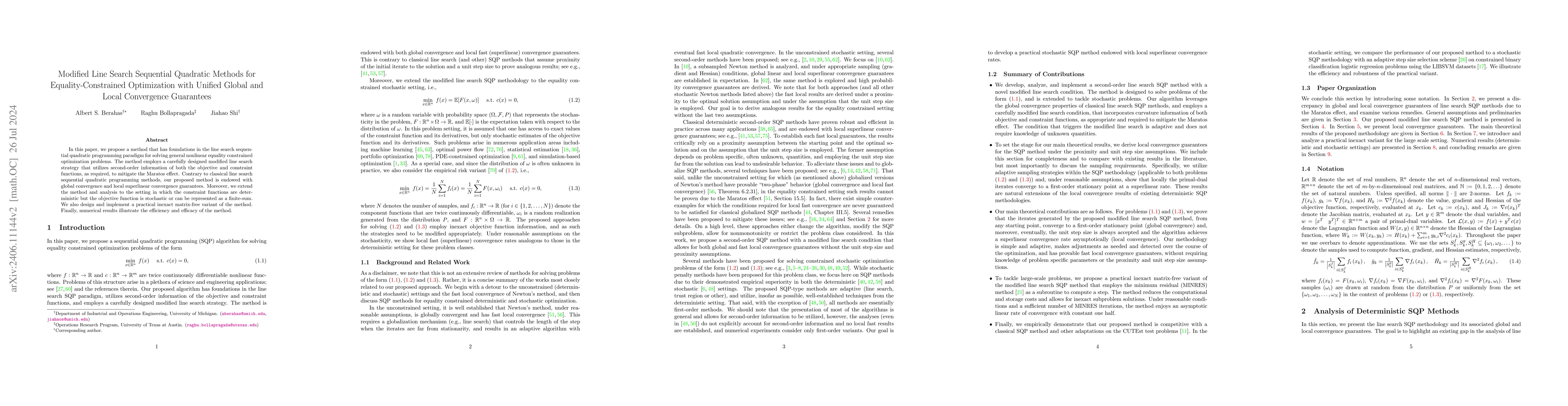 Thumbnail for Modified Line Search Sequential Quadratic Methods for
  Equality-Constrained Optimization with Unified Global and Local Convergence
  Guarantees