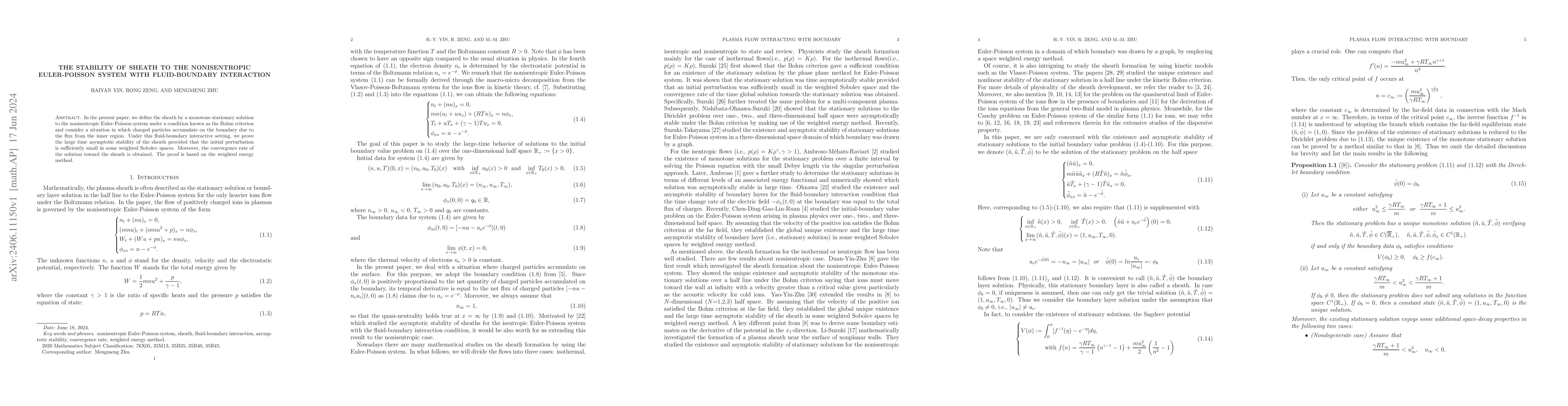 Thumbnail for The stability of sheath to the nonisentropic Euler-Poisson system with
  fluid-boundary interaction