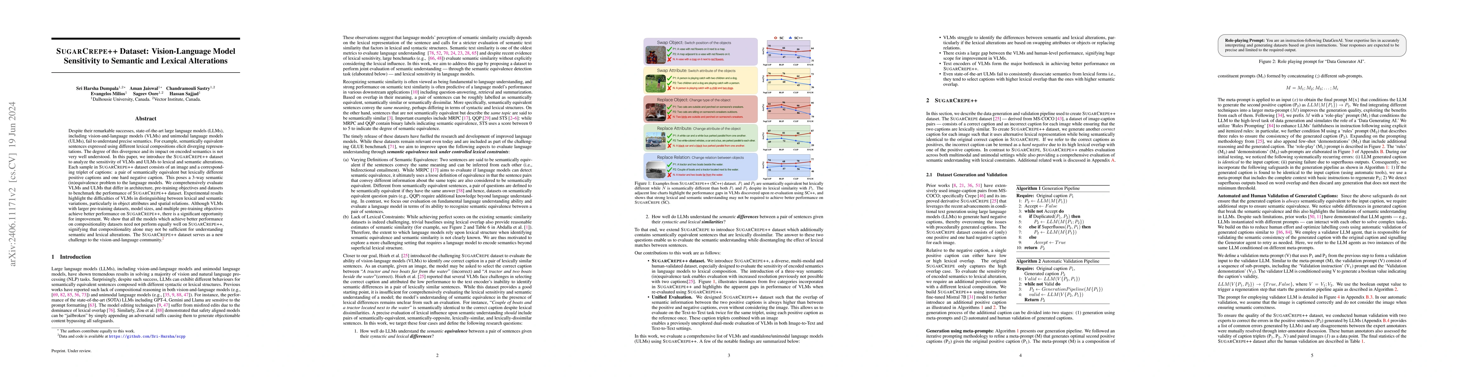 Thumbnail for SUGARCREPE++ Dataset: Vision-Language Model Sensitivity to Semantic and
  Lexical Alterations