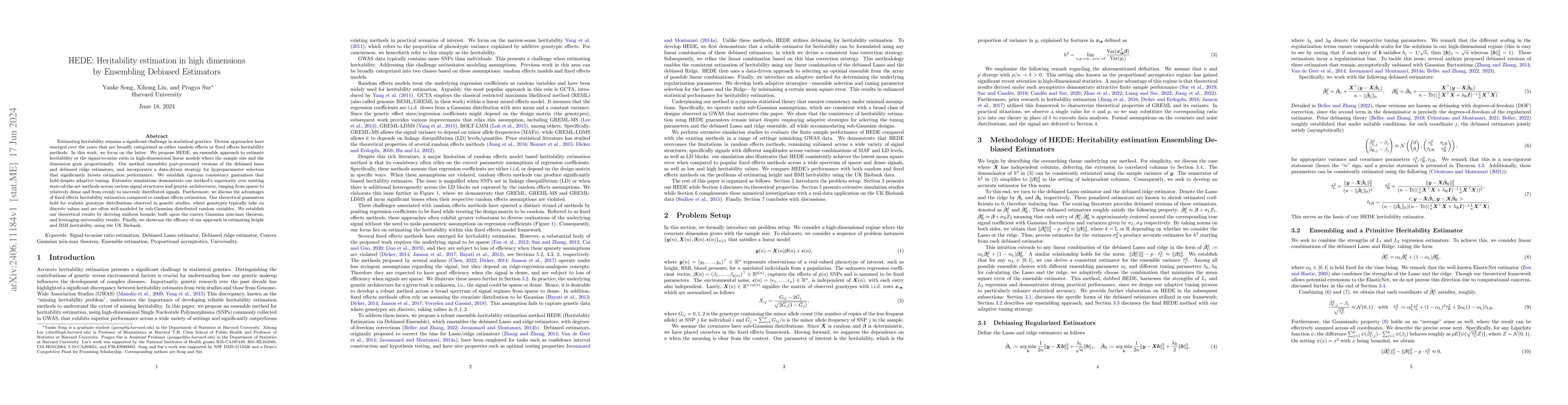 Thumbnail for HEDE: Heritability estimation in high dimensions by Ensembling Debiased
  Estimators