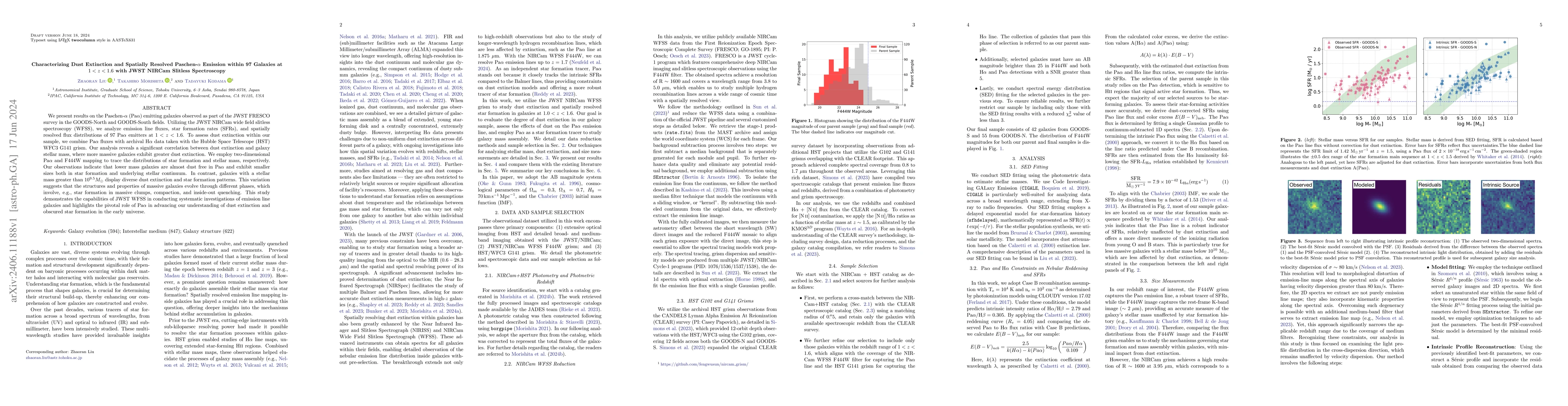 Thumbnail for Characterizing Dust Extinction and Spatially Resolved Paschen-$\alpha$
  Emission within 97 Galaxies at $1<z<1.6$ with JWST NIRCam Slitless
  Spectroscopy