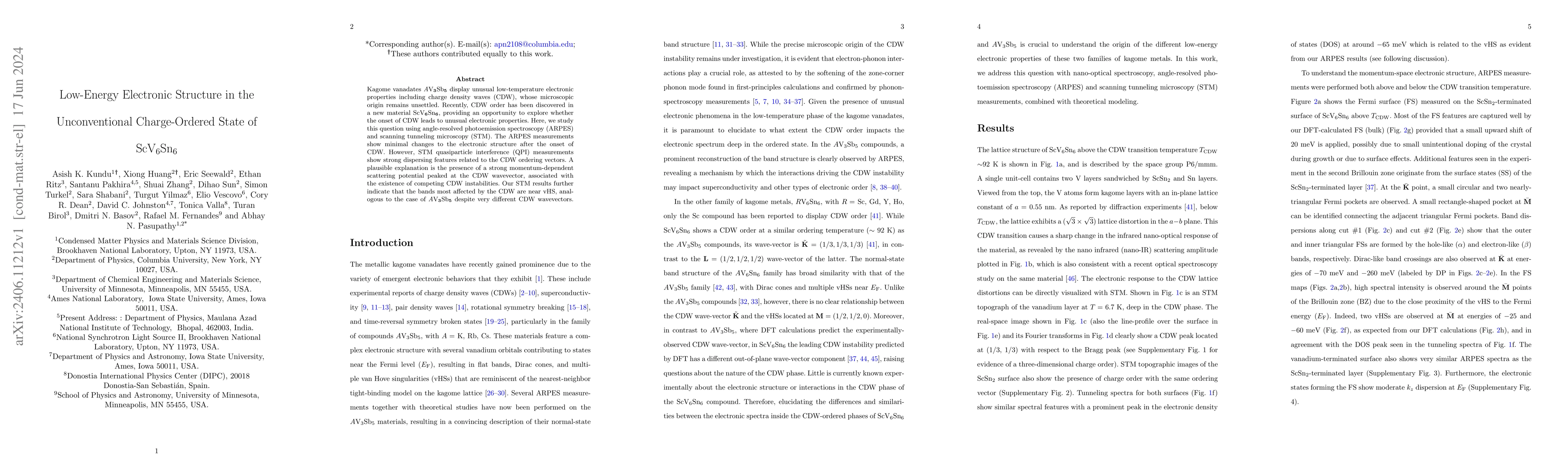 Thumbnail for Low-Energy Electronic Structure in the Unconventional Charge-Ordered
  State of ScV$_6$Sn$_6$