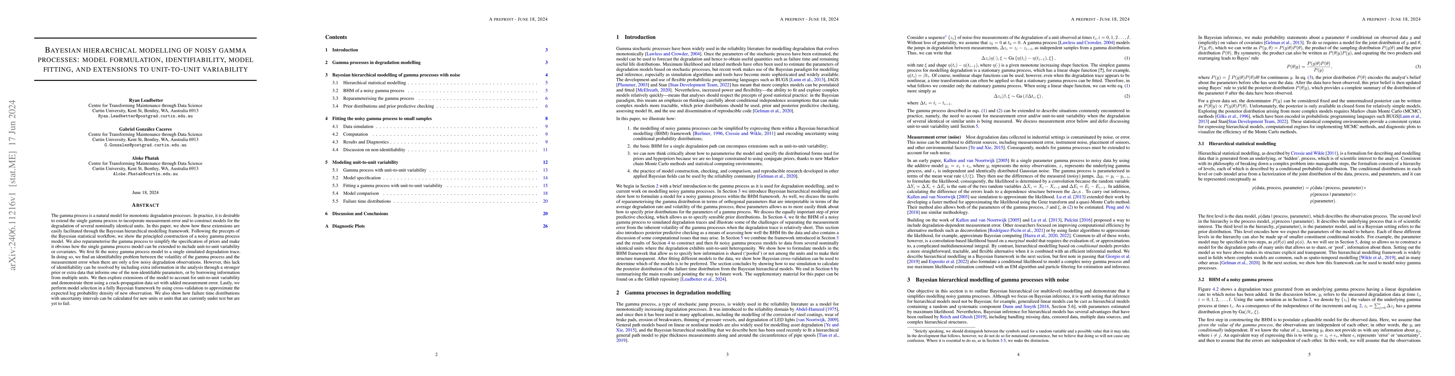 Thumbnail for Bayesian Hierarchical Modelling of Noisy Gamma Processes: Model
  Formulation, Identifiability, Model Fitting, and Extensions to Unit-to-Unit
  Variability