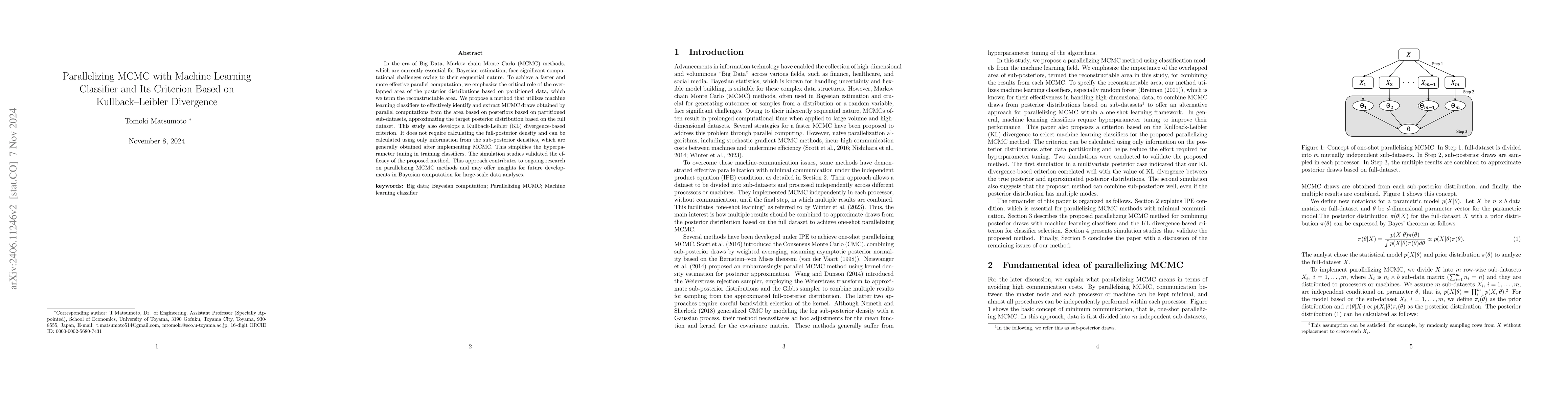 Thumbnail for Parallelizing MCMC with Machine Learning Classifier and Its Criterion
  Based on Kullback-Leibler Divergence