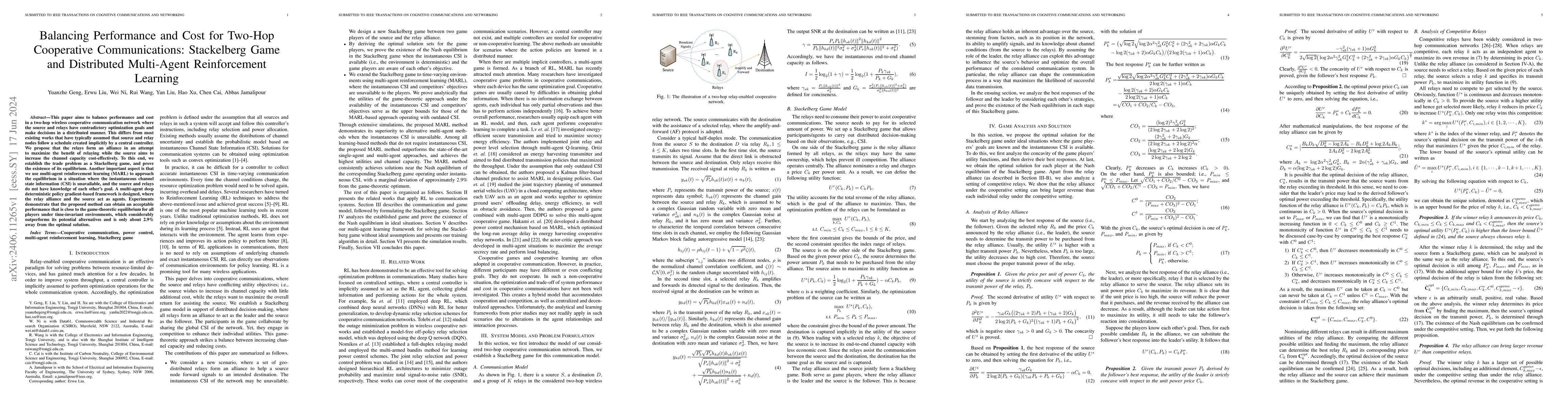 Thumbnail for Balancing Performance and Cost for Two-Hop Cooperative Communications:
  Stackelberg Game and Distributed Multi-Agent Reinforcement Learning