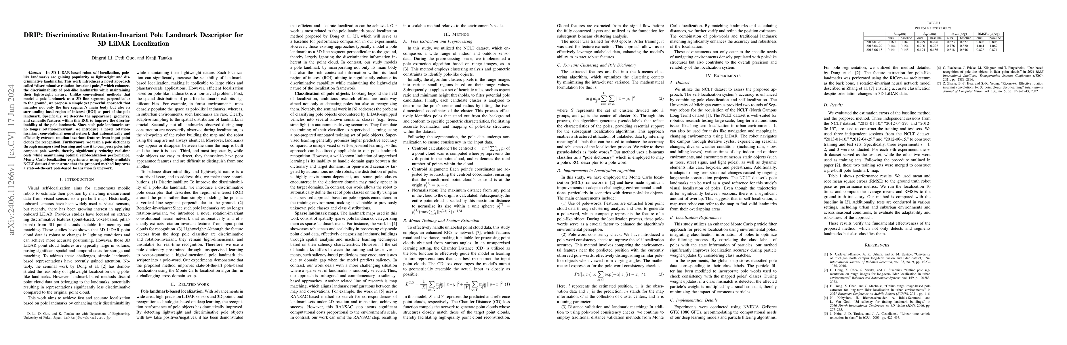 Thumbnail for DRIP: Discriminative Rotation-Invariant Pole Landmark Descriptor for 3D
  LiDAR Localization