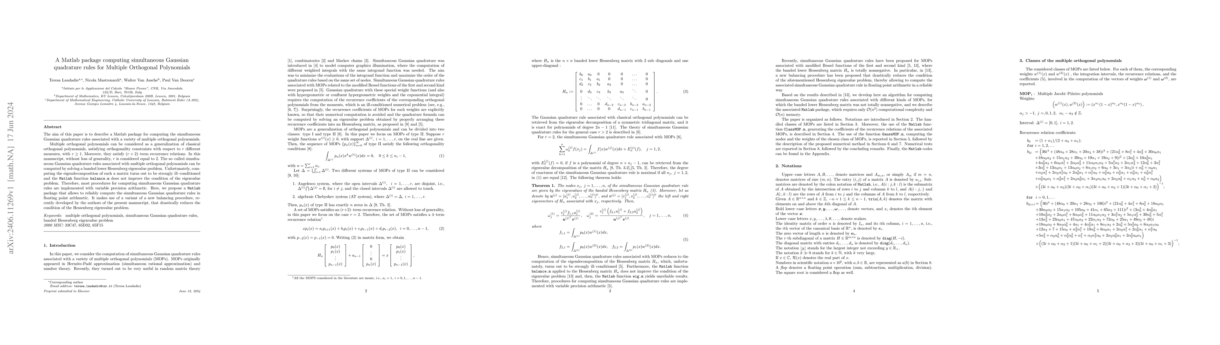 Thumbnail for A MATLAB package computing simultaneous Gaussian quadrature rules for
  Multiple Orthogonal Polynomials