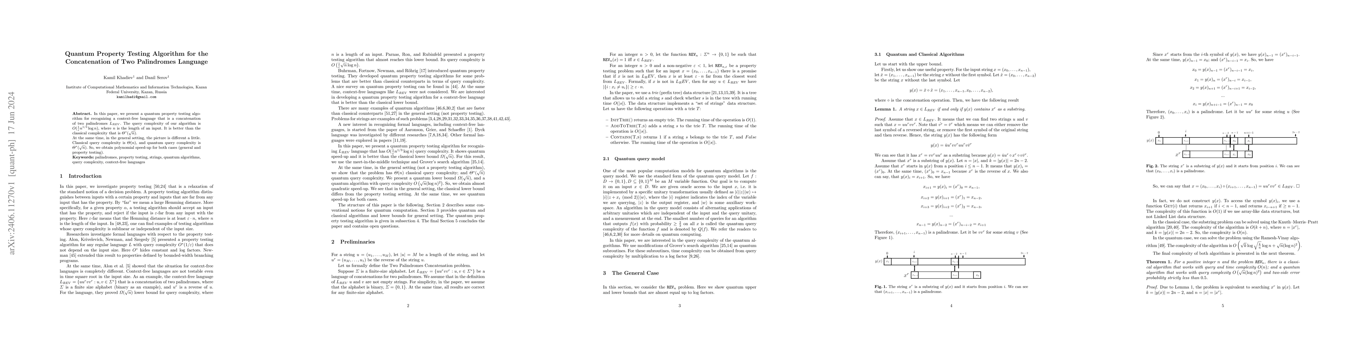 Thumbnail for Quantum Property Testing Algorithm for the Concatenation of Two
  Palindromes Language